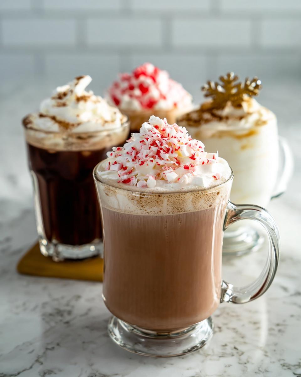 Four festive Starbucks drinks recipes, including a peppermint mocha topped with crushed candy canes and whipped cream.