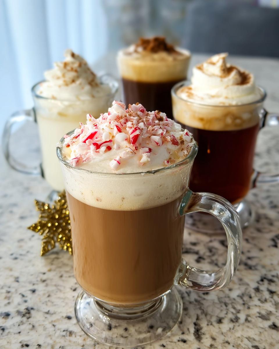 A selection of festive Starbucks drinks recipes, including a peppermint mocha topped with crushed candy canes and whipped cream.