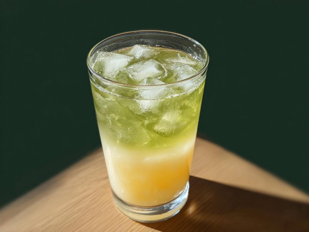 A tall glass filled with ice and a layered green and yellow Starbucks drink, perfect for a refreshing treat.