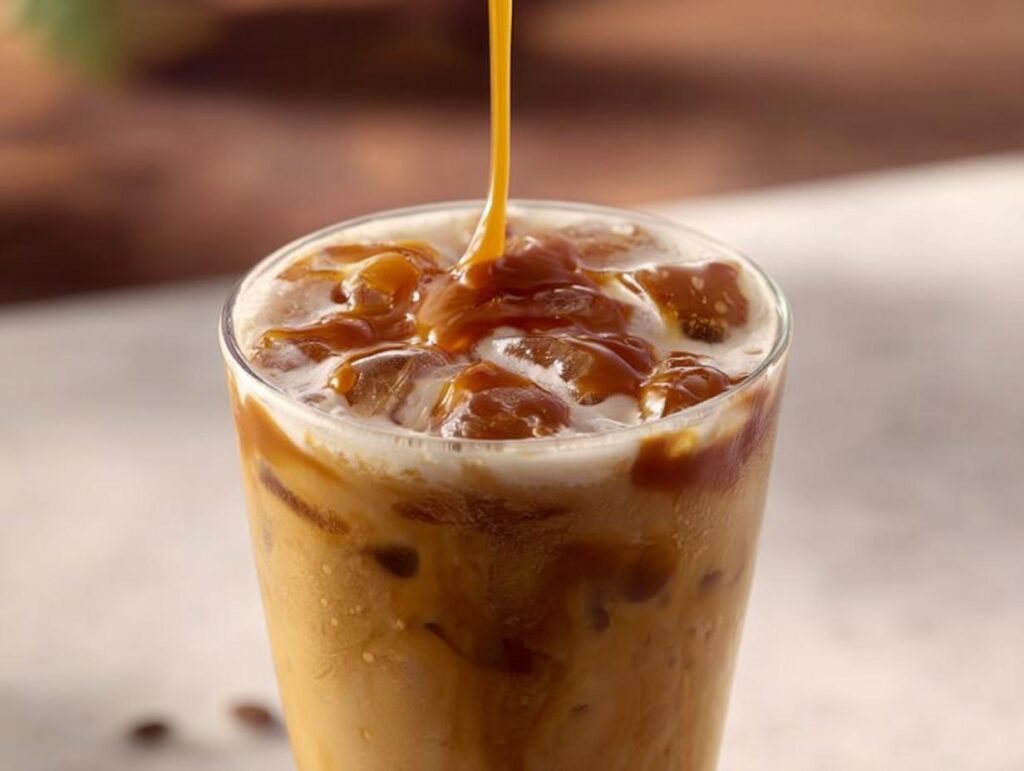 Close-up of caramel sauce being drizzled onto a cold iced coffee with whipped cream and ice, perfect for Starbucks drinks recipes.