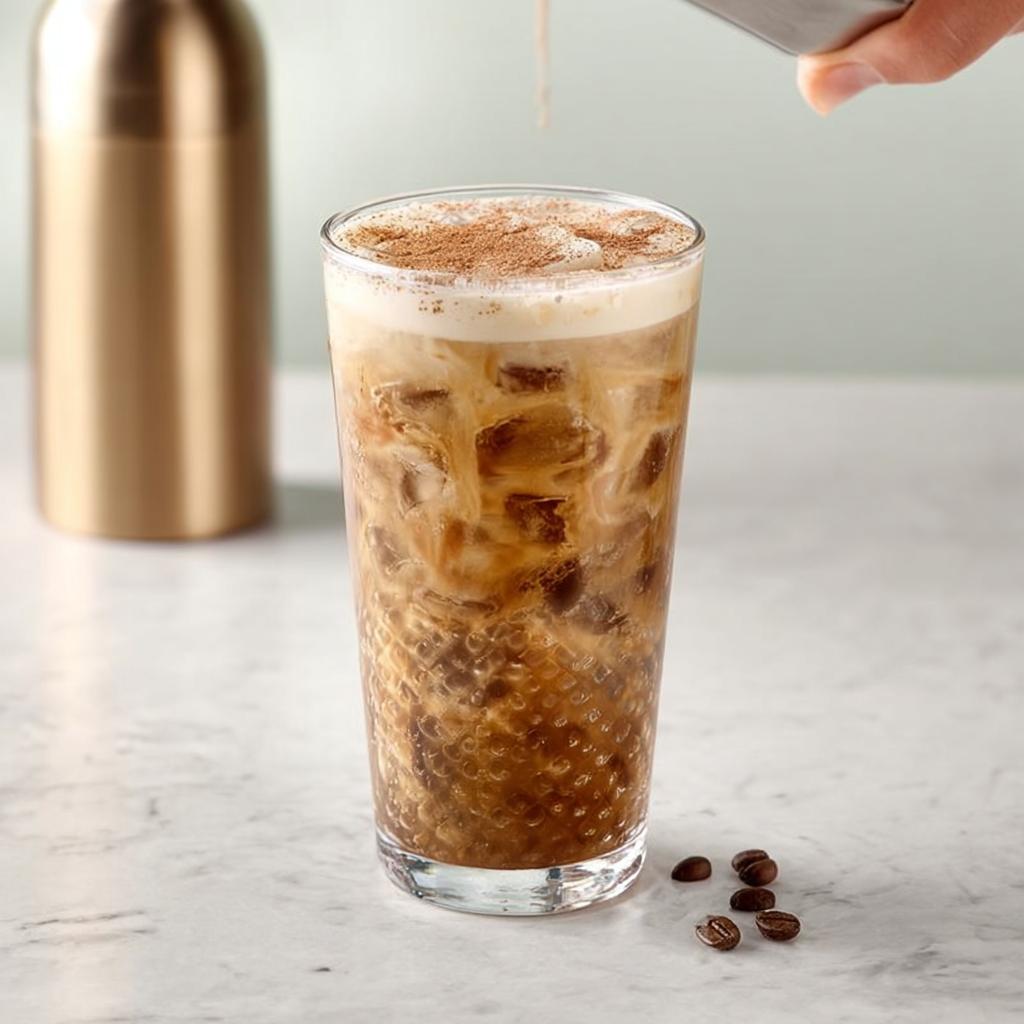 A tall glass of iced coffee with cream and cinnamon, part of Starbucks Drinks Recipes.