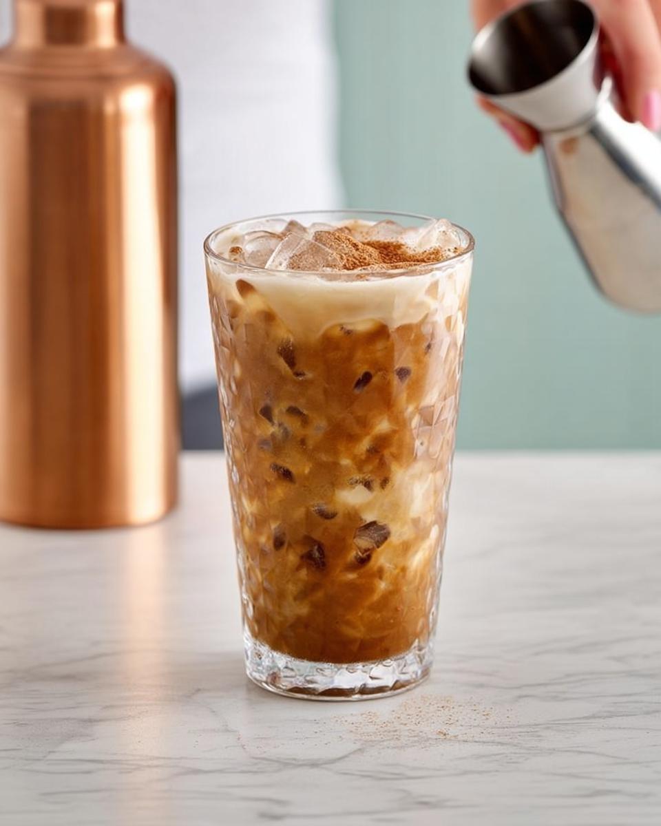 Close-up of a refreshing iced coffee drink with cream and cinnamon, part of Starbucks Drinks Recipes.