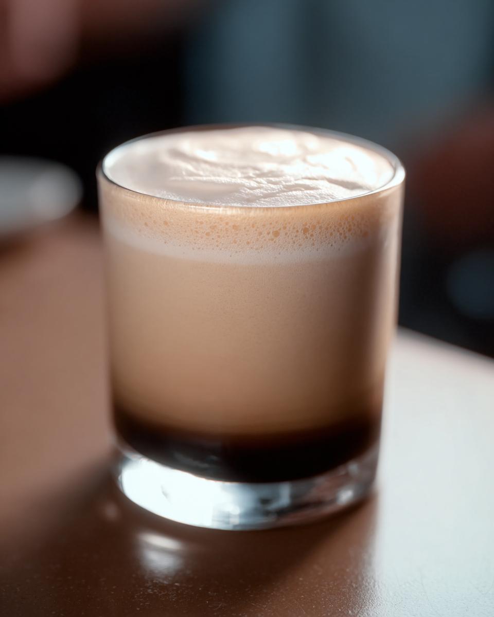 A layered Starbucks iced coffee drink with dark coffee at the bottom and creamy foam on top.