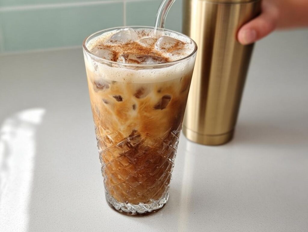 Close-up of a refreshing iced coffee with cream and cinnamon, perfect for Starbucks Drinks Recipes.