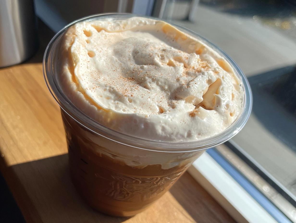 Close-up of a refreshing iced coffee with a generous swirl of whipped cream and a sprinkle of cinnamon, perfect for Starbucks drinks recipes at home.