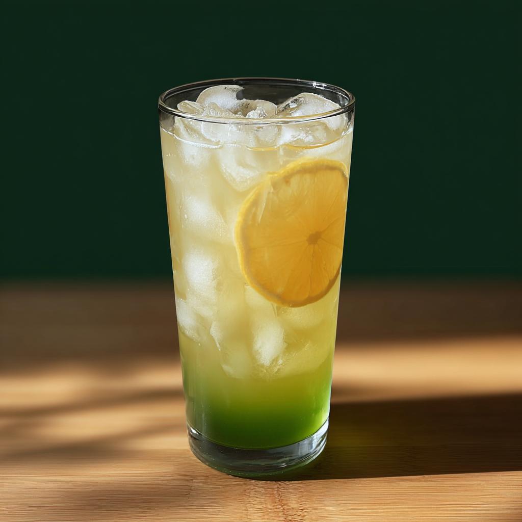 A tall glass of iced Starbucks drink with a green layer at the bottom, topped with ice, a lemon slice, and a dark green background.