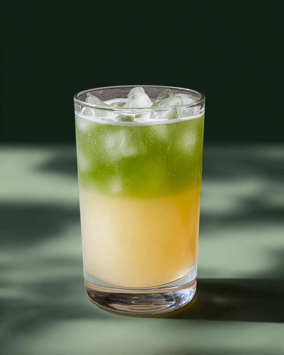 A layered green and yellow matcha lemonade Starbucks drink with ice in a clear glass.