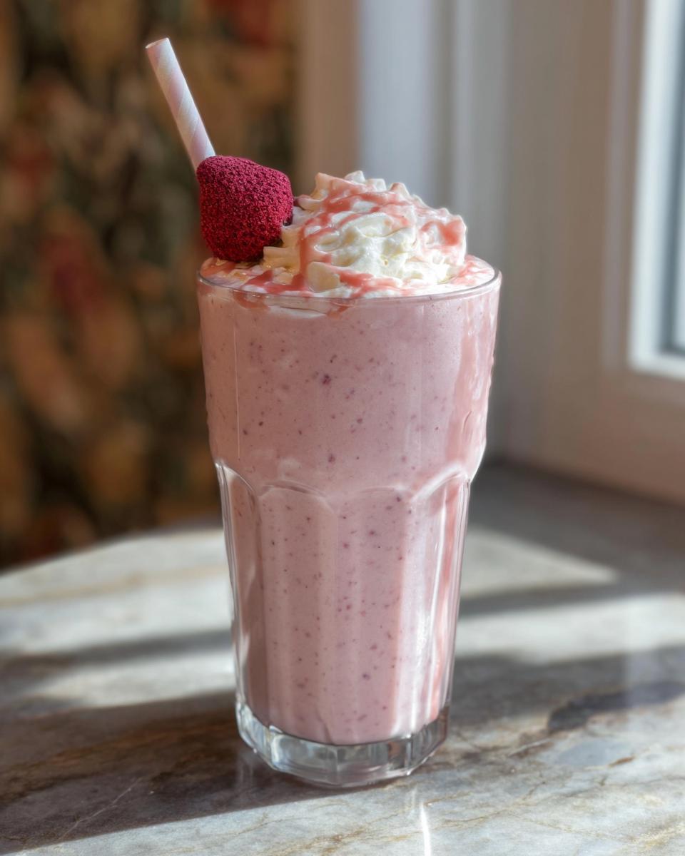 A refreshing strawberry smoothie in a glass, topped with whipped cream, strawberry drizzle, and a strawberry garnish. Perfect for Starbucks drink cravings.