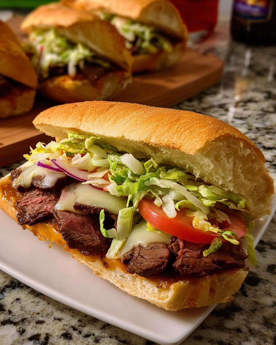 A close-up of a juicy steak sandwich with melted cheese, lettuce, tomato, and red onion, part of 7-Ingredient Sandwich Ideas Recipes.