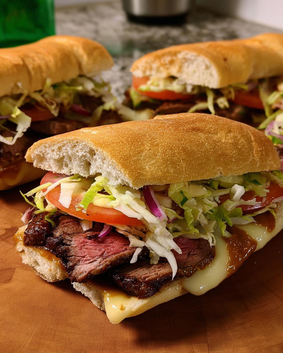 Close-up of a juicy steak sandwich with melted cheese, lettuce, tomato, and red onion, part of 7-Ingredient Sandwich Ideas.