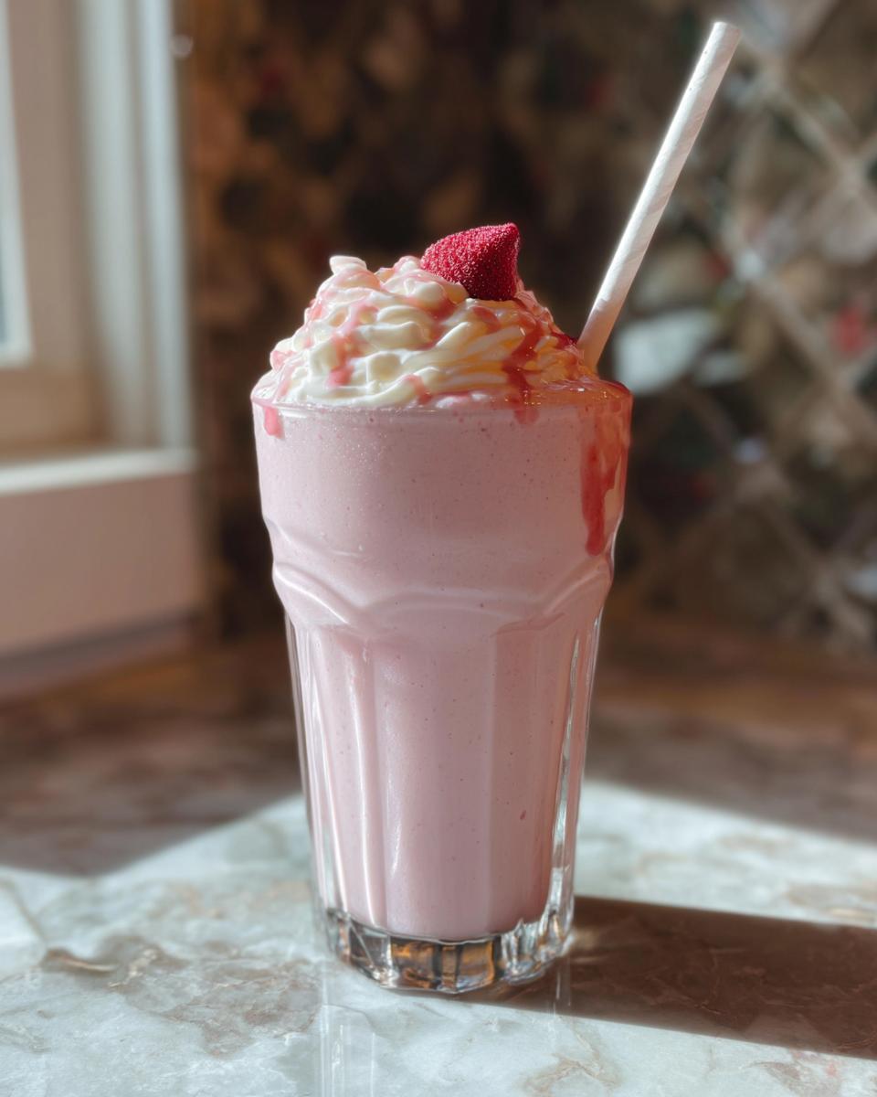 A pink strawberry frappuccino topped with whipped cream, strawberry drizzle, and a strawberry garnish, with a straw.