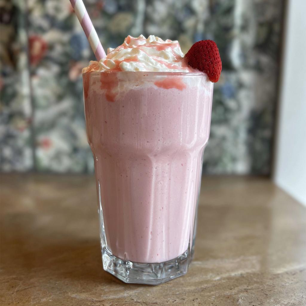 A delicious homemade strawberry frappuccino with whipped cream, strawberry drizzle, and a fresh strawberry garnish. Perfect for when you crave Starbucks drinks recipes.