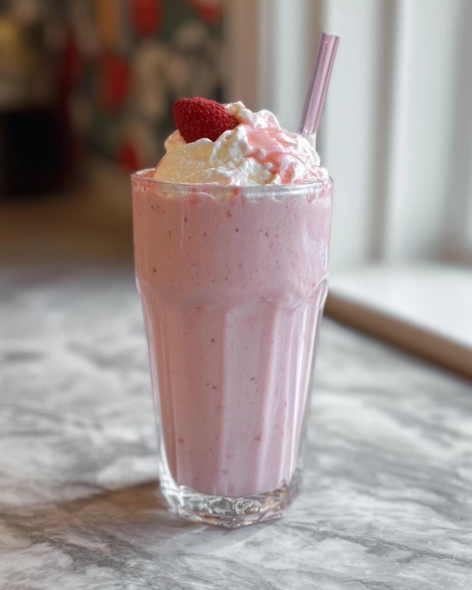 A refreshing strawberry smoothie topped with whipped cream, a strawberry slice, and a drizzle of syrup, perfect for when you crave Starbucks drinks recipes.