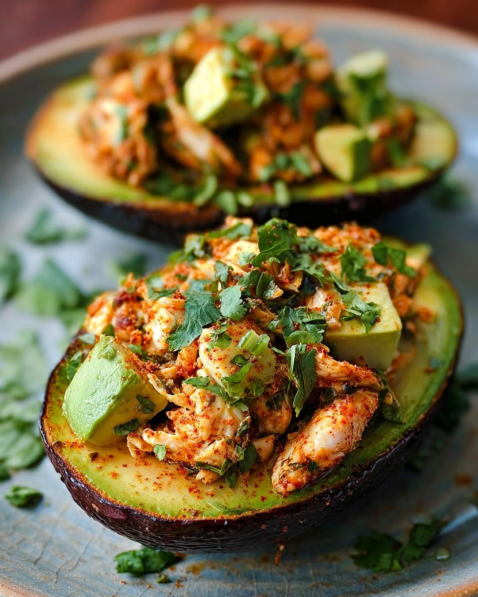 Two avocado halves stuffed with seasoned chicken and avocado chunks, sprinkled with cilantro. A quick sandwich idea.