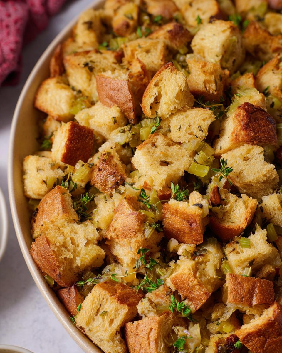 Close-up of a baked stuffing recipe in a dish, featuring golden-brown bread cubes, celery, and herbs.
