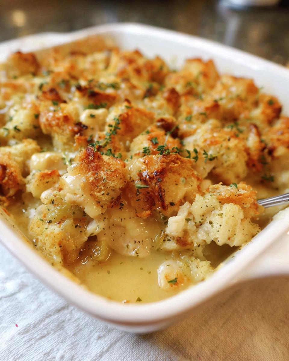 Close-up of a creamy casserole dish topped with toasted bread cubes and herbs, a fork is scooping a portion. This is a stuffing recipe alternative.