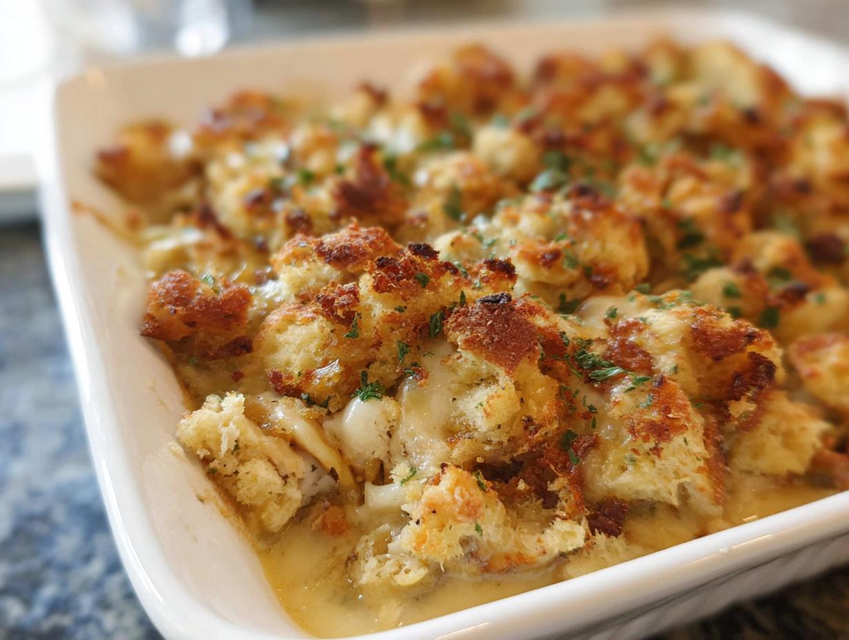 A close-up of a baked casserole dish filled with a savory stuffing recipe, topped with golden-brown bread cubes and fresh herbs.
