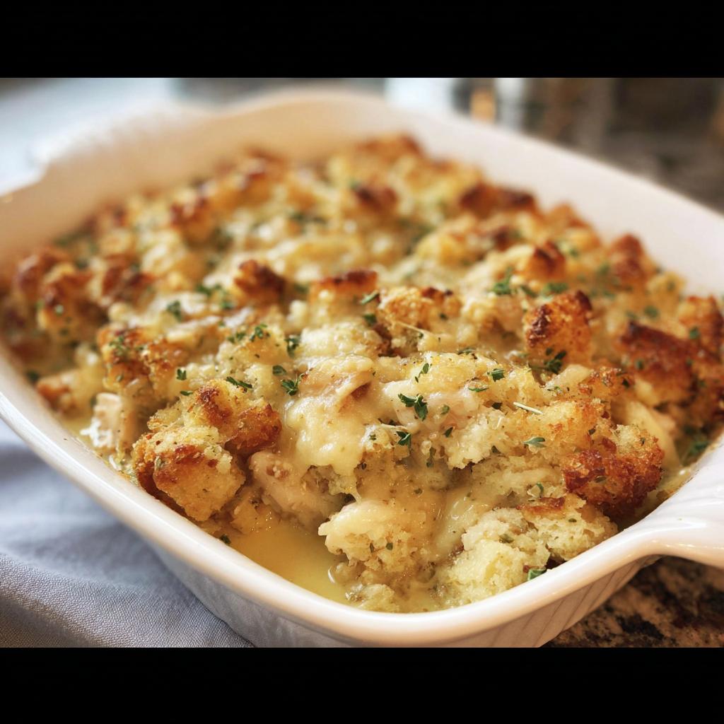 Close-up of a creamy chicken and stuffing casserole baked in a white dish, topped with melted cheese and herbs.