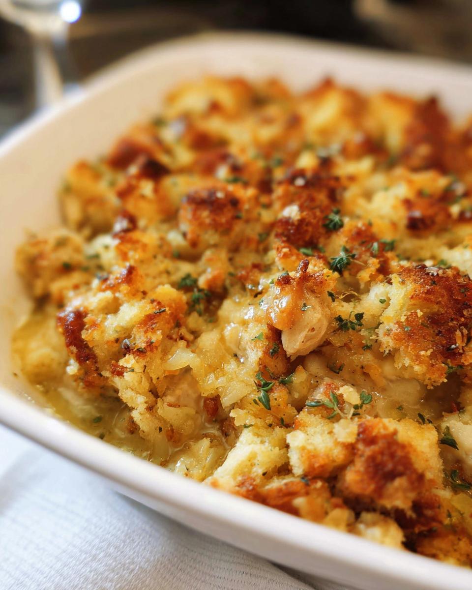 Close-up of a golden-brown casserole dish filled with a savory stuffing recipe, topped with croutons and herbs.