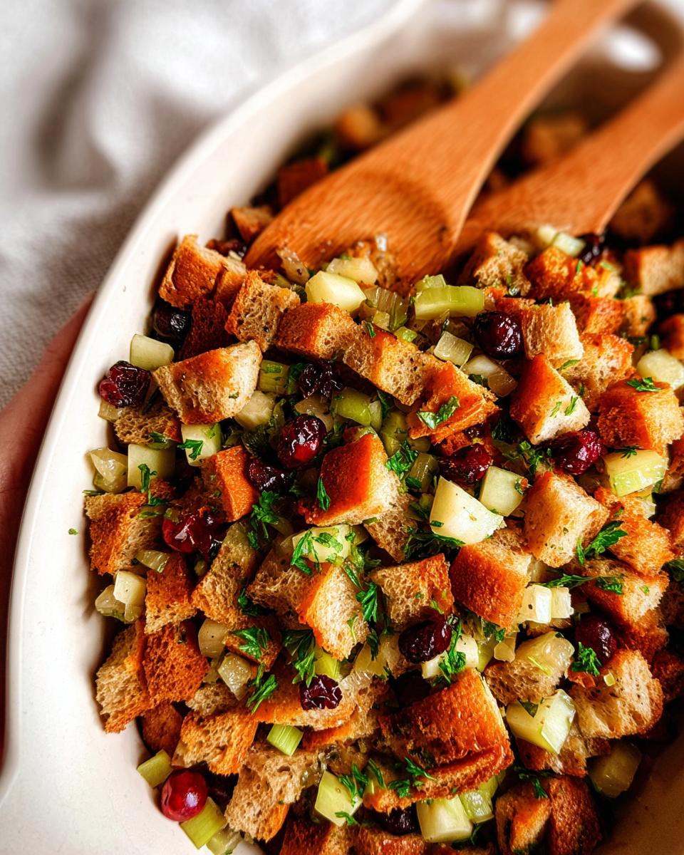Close-up of a festive stuffing recipe in a baking dish, featuring bread cubes, celery, cranberries, and parsley.
