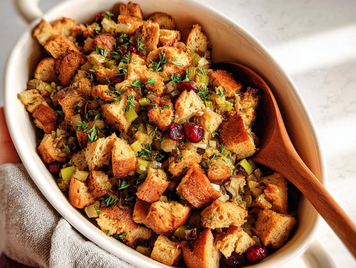 Close-up of a festive stuffing recipe in a white oval dish, featuring toasted bread cubes, celery, cranberries, and herbs.