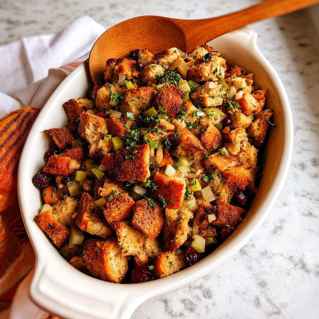 A close-up of a white baking dish filled with golden-brown bread cubes, celery, onions, and cranberries, garnished with fresh parsley. This is a classic stuffing recipe.