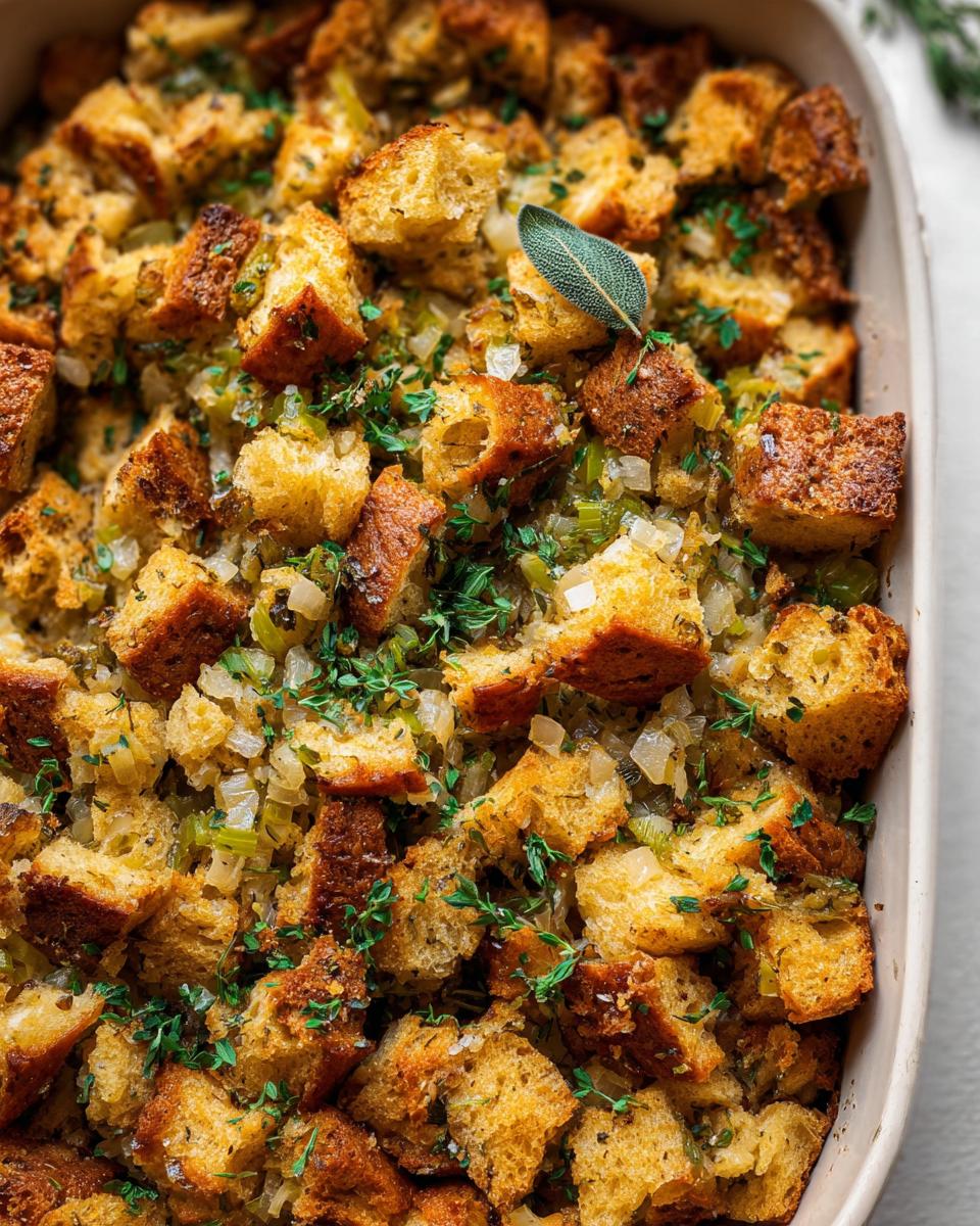 Close-up of a homemade stuffing recipe meal prep in a baking dish, topped with herbs and a sage leaf.