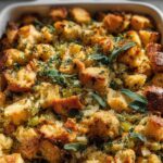 A close-up of a freshly baked stuffing recipe in a white baking dish, garnished with sage and thyme.