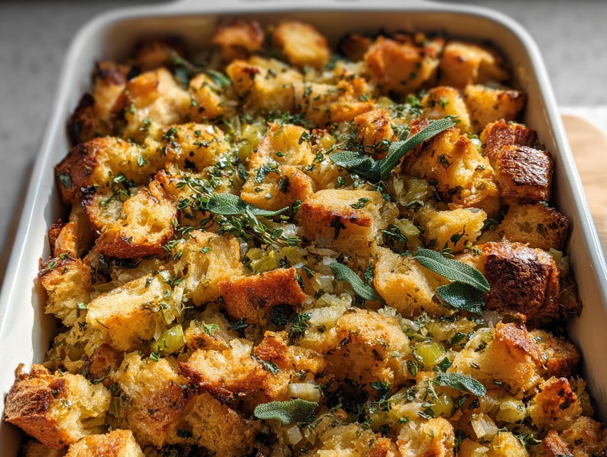 A close-up of a freshly baked stuffing recipe in a white baking dish, garnished with sage and thyme.