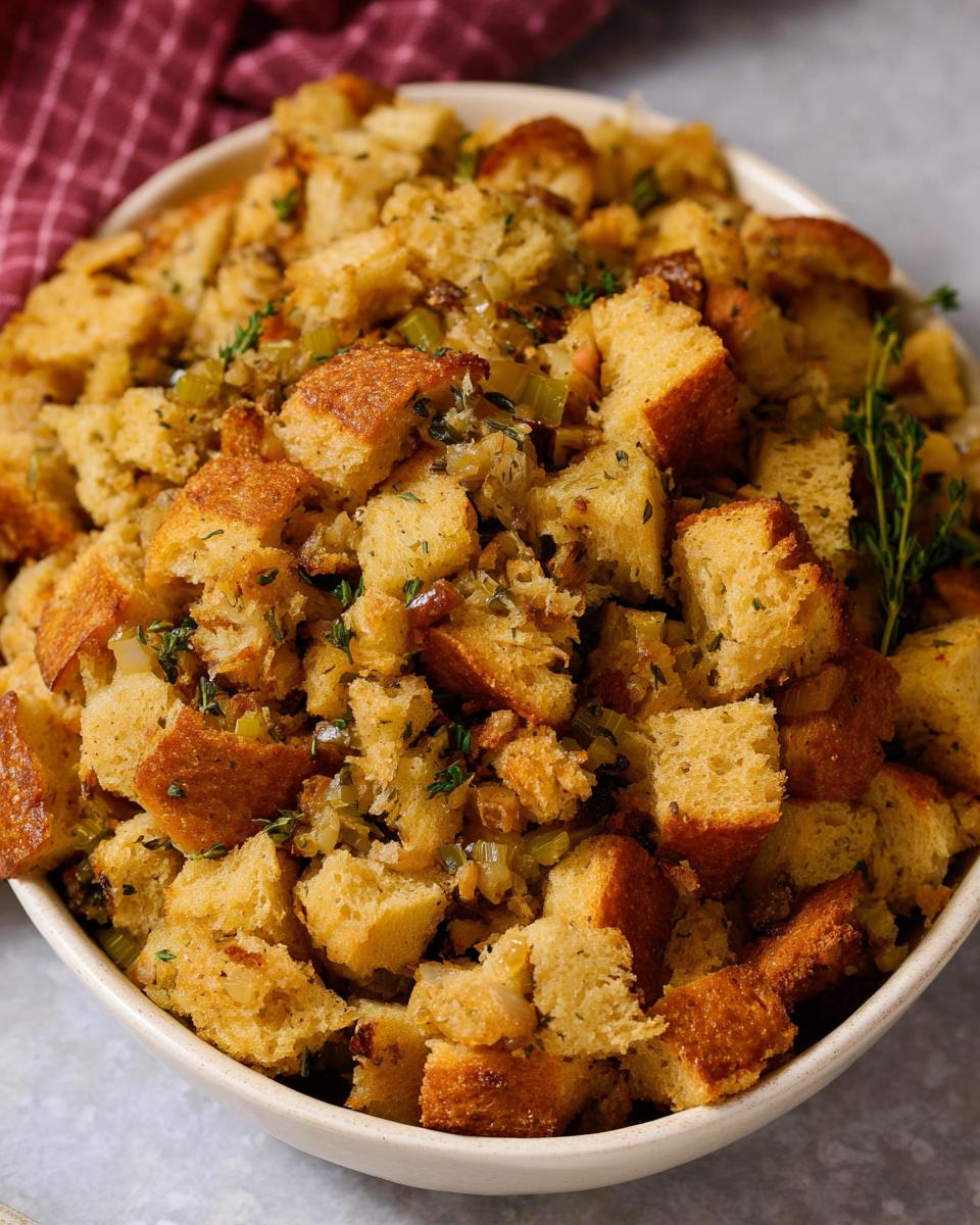 Close-up of a bowl filled with delicious homemade stuffing, featuring golden-brown bread cubes and herbs.