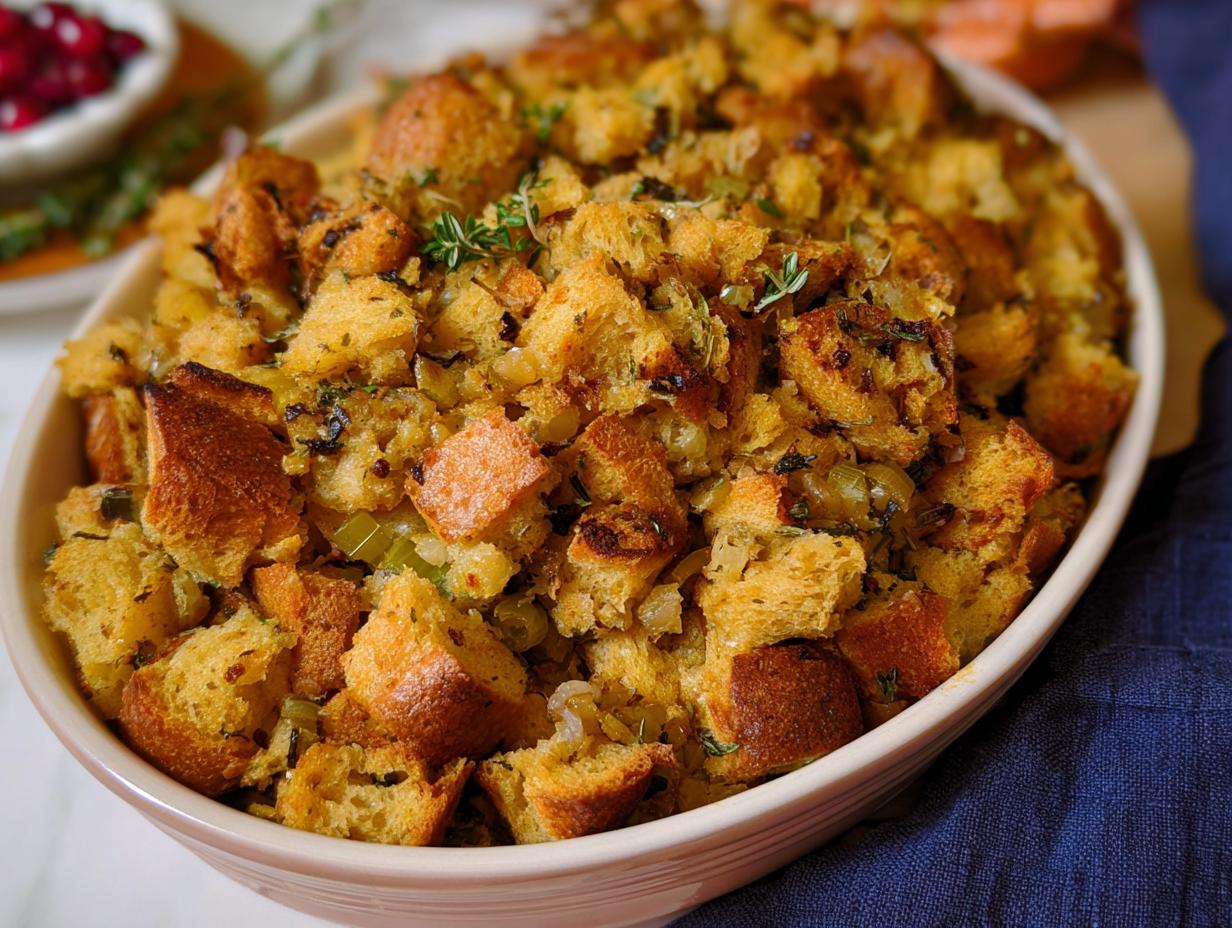 A close-up of a golden-brown, freshly baked stuffing in an oval baking dish, featuring cubes of bread, herbs, and aromatics.