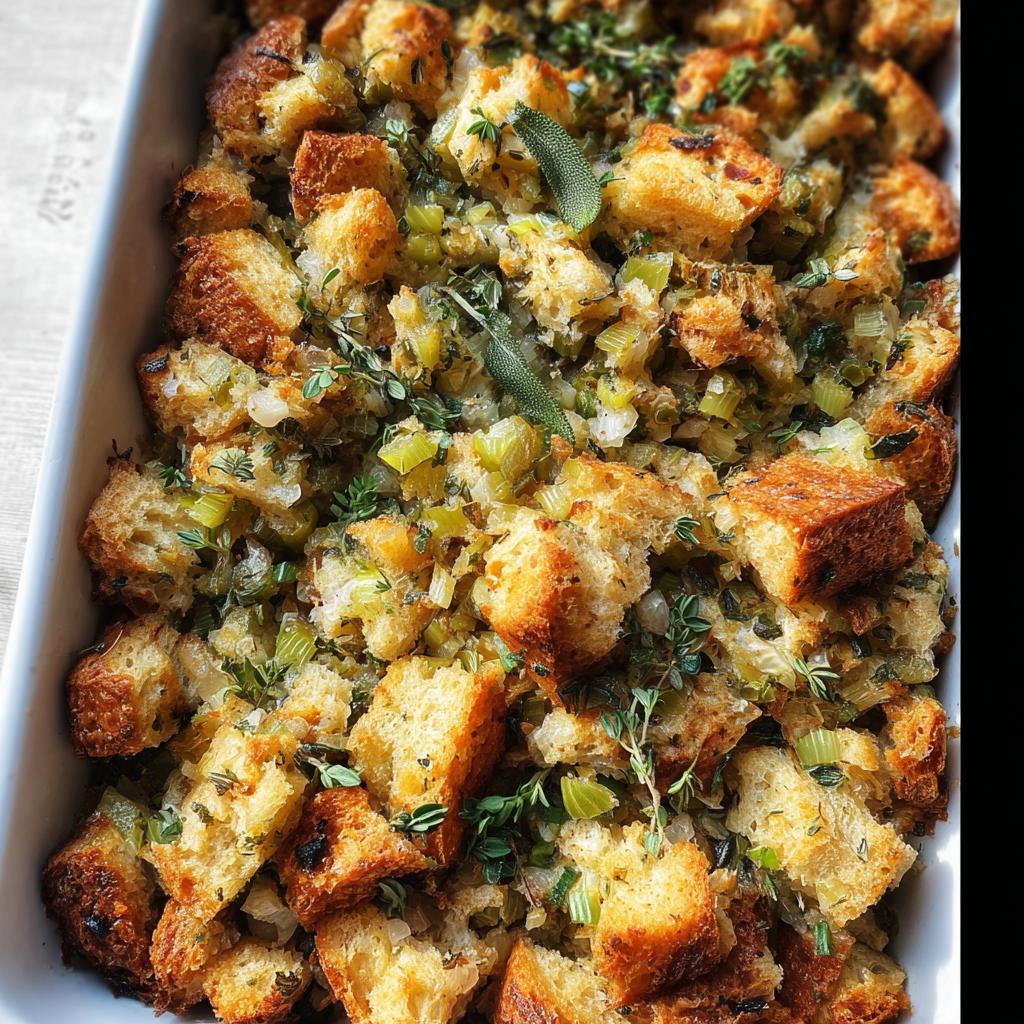 A close-up of a white baking dish filled with golden brown stuffing, featuring chunks of bread, celery, and herbs.
