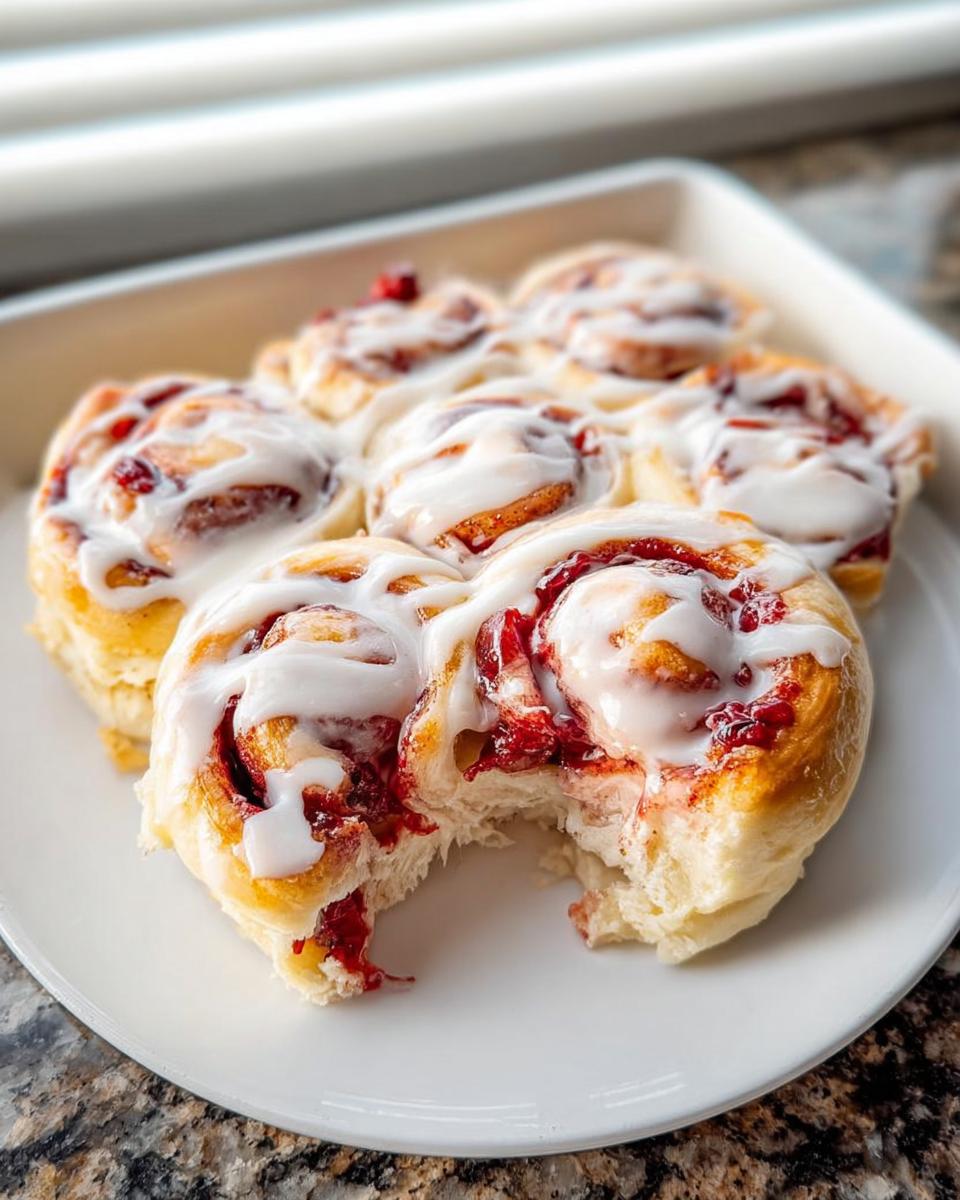 Close-up of sweet berry rolls drizzled with icing, one roll has a bite taken out, perfect for breakfast ideas recipes.