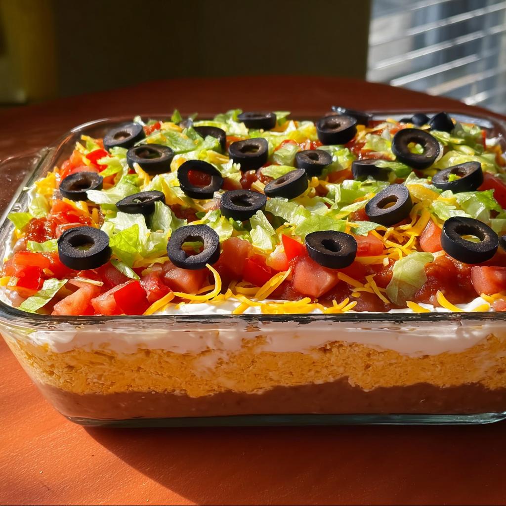 A delicious 7-layer taco dip, perfect for Taco Tuesday recipes, topped with lettuce, tomatoes, cheese, and olives.