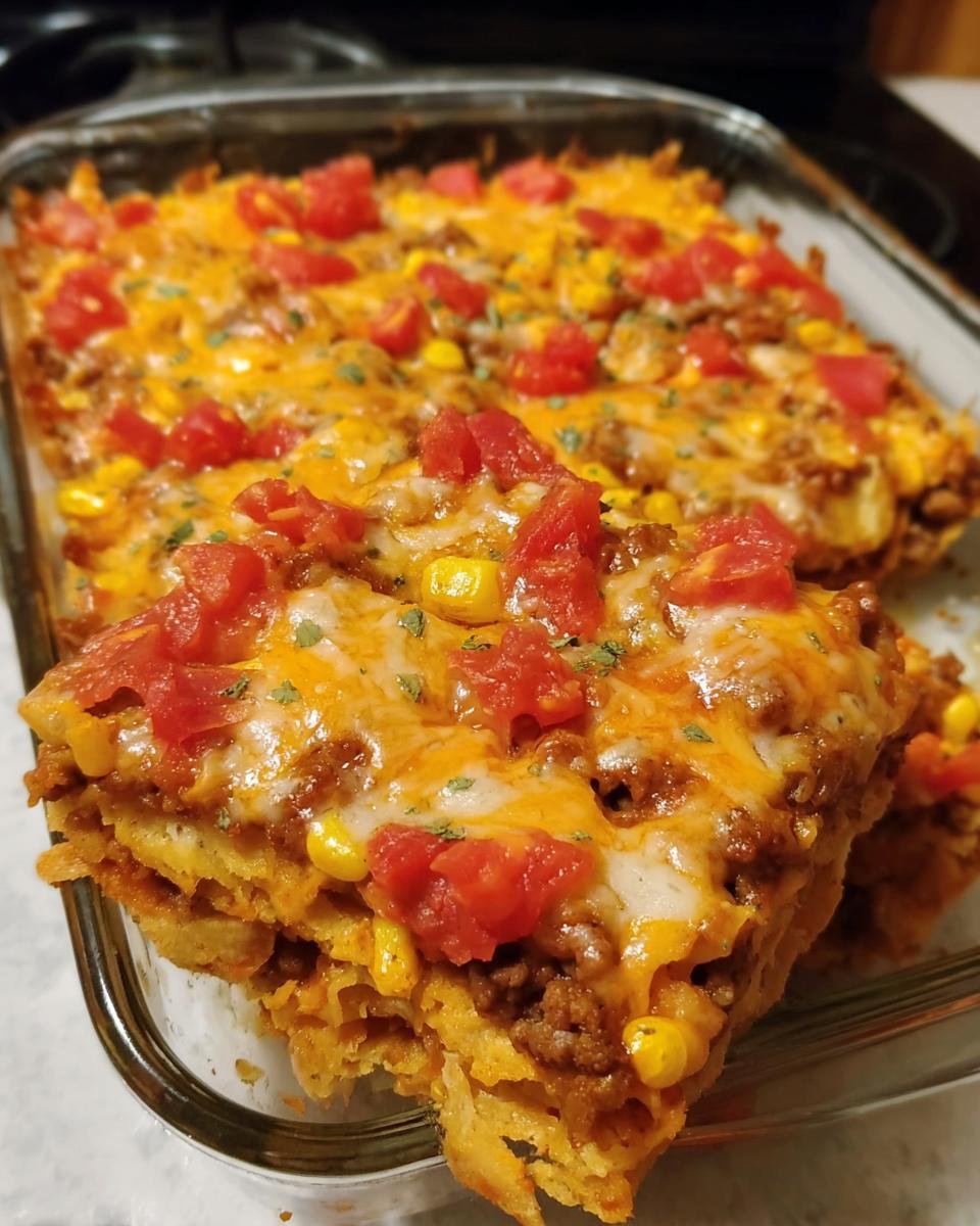 A close-up of a cheesy Taco Tuesday casserole, topped with diced tomatoes and corn.