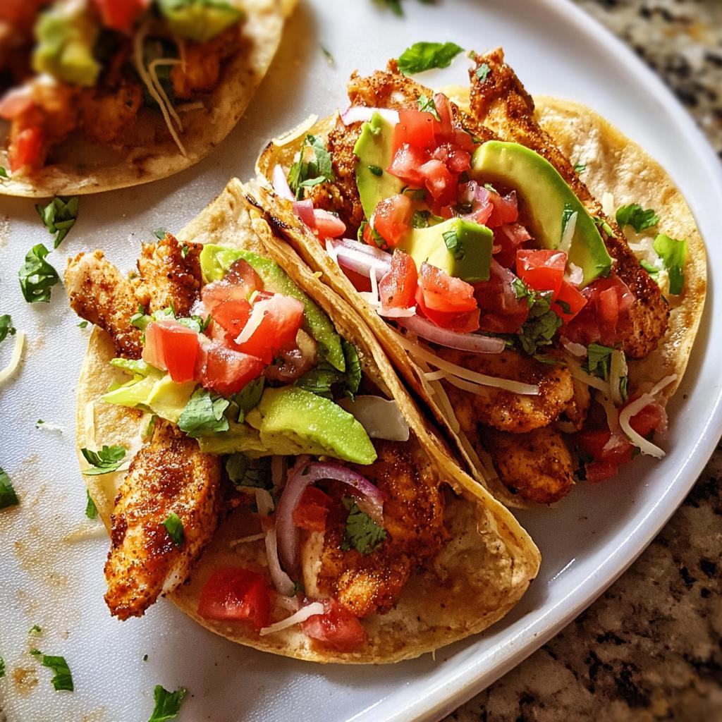 Close-up of two chicken tacos filled with seasoned chicken, avocado, pico de gallo, and red onion. Perfect for Taco Tuesday Recipes Meal Prep.