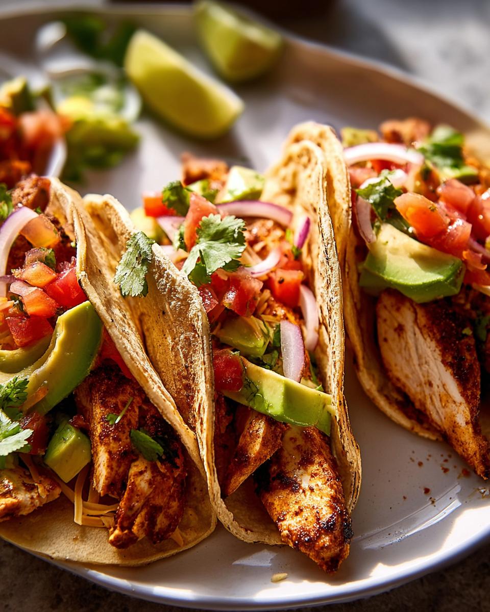 Three fully loaded chicken tacos with avocado, tomato, onion, and cilantro, perfect for Taco Tuesday recipes meal prep.