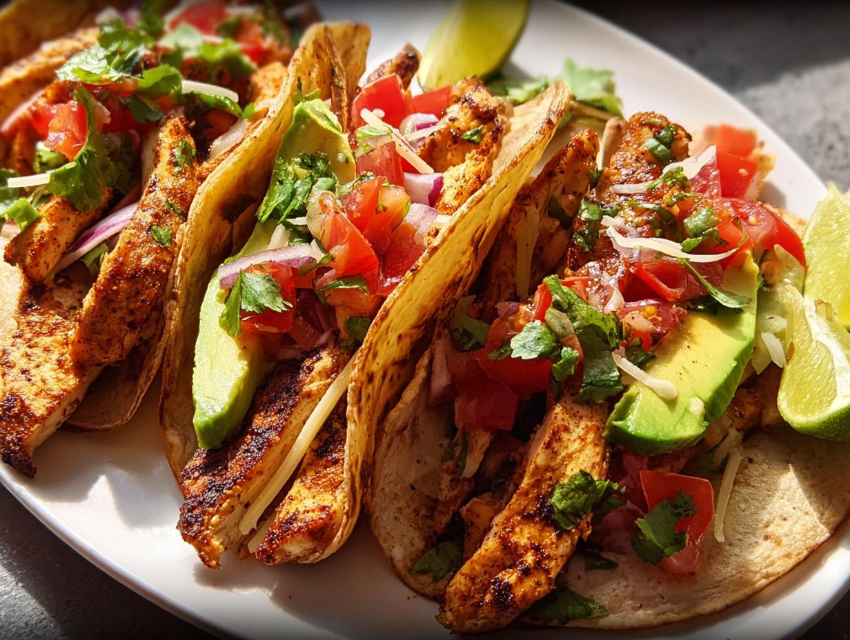 A close-up of several delicious chicken tacos filled with seasoned chicken, avocado, tomato, onion, and cilantro, perfect for Taco Tuesday Recipes Meal Prep.