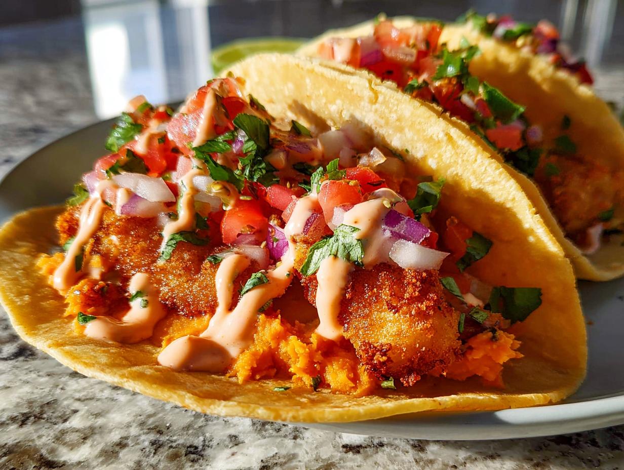 Close-up of two crispy fish tacos for Taco Tuesday, filled with fresh pico de gallo, creamy sauce, and shredded vegetables.