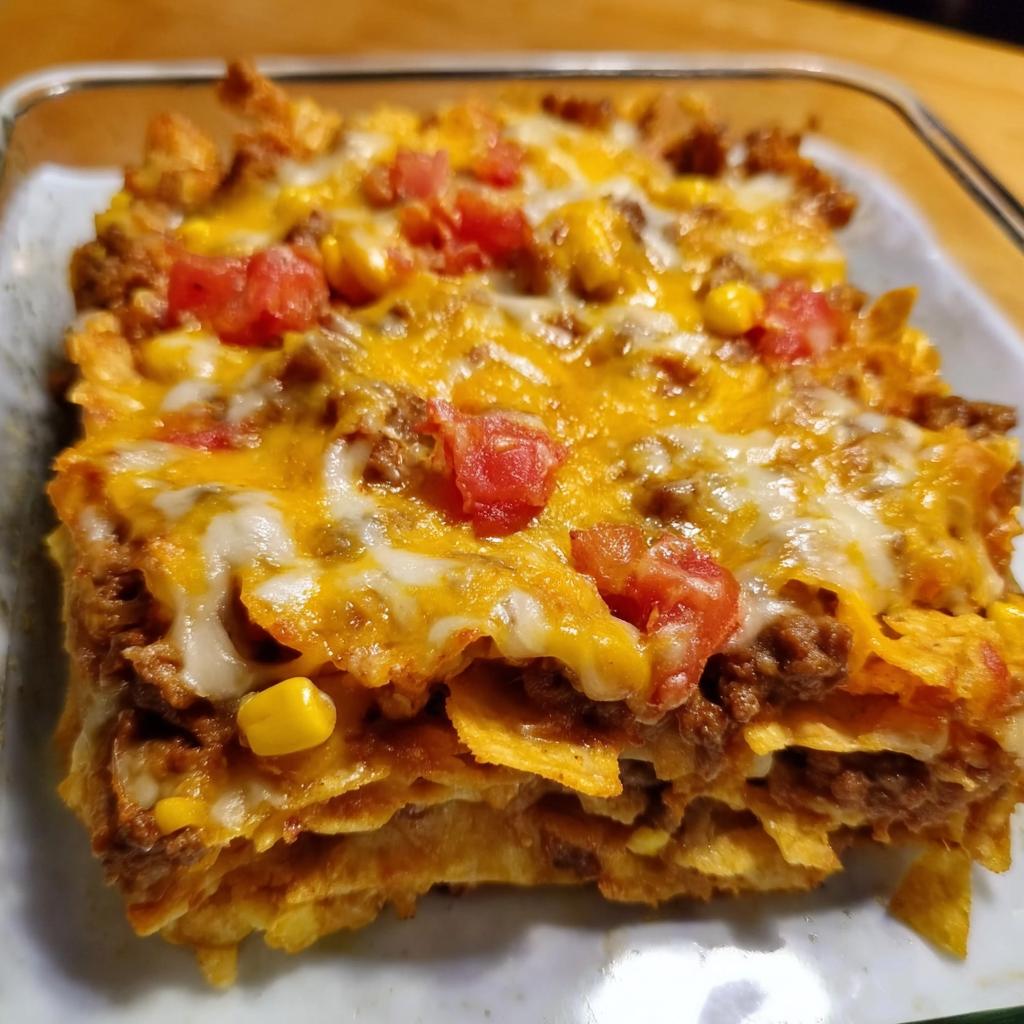 A close-up of a layered Taco Tuesday recipe casserole with ground beef, cheese, corn, and tomatoes.