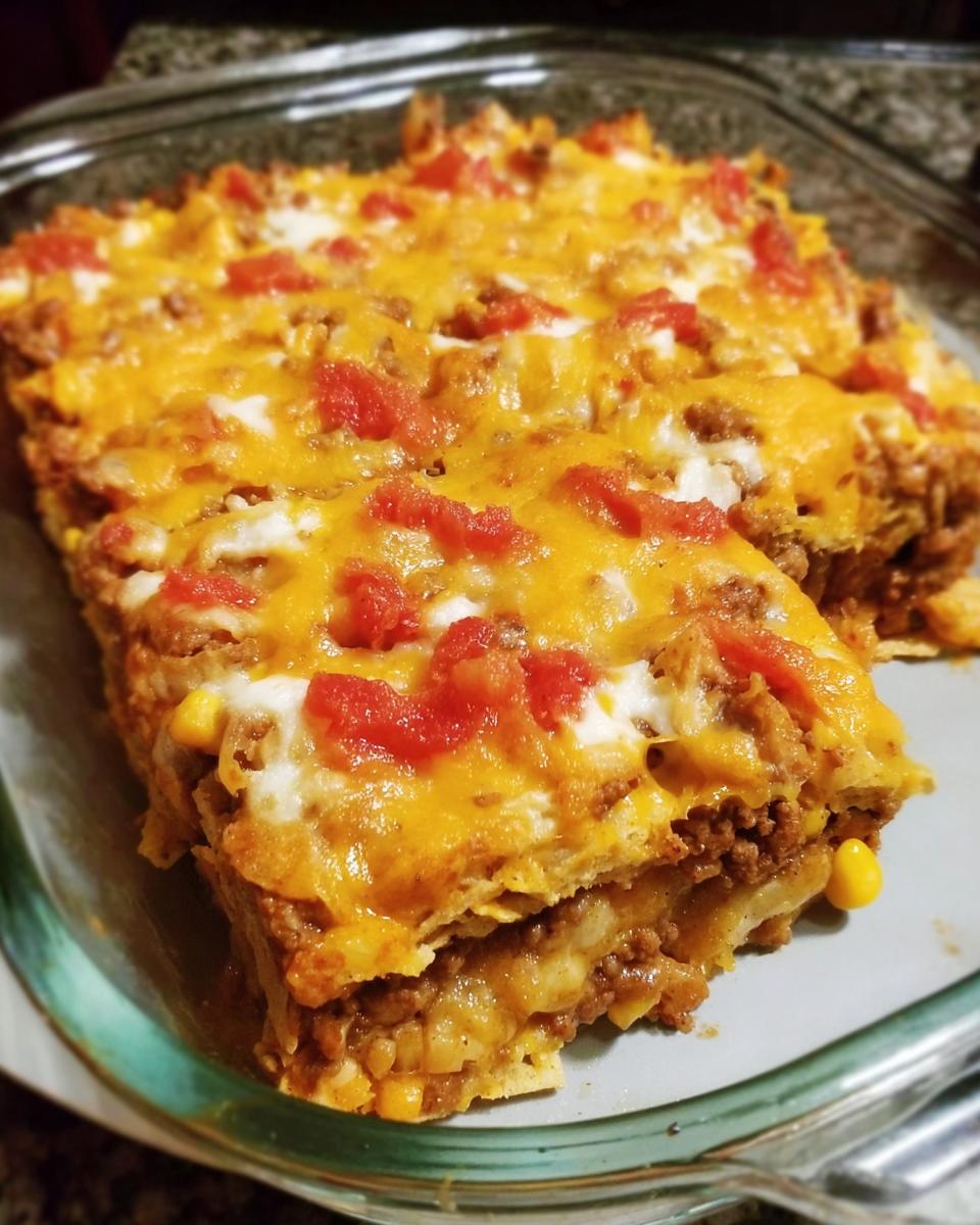 A close-up of a cheesy taco casserole, a popular Taco Tuesday recipe, with layers of ground meat, corn, and melted cheddar cheese.