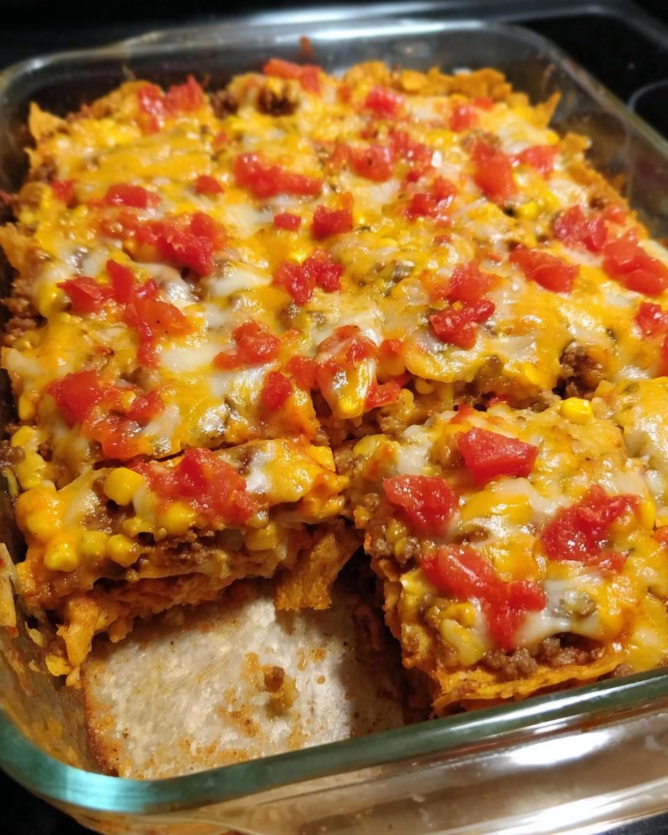 A close-up of a baked Taco Tuesday recipe casserole in a glass dish, topped with melted cheese and diced tomatoes.
