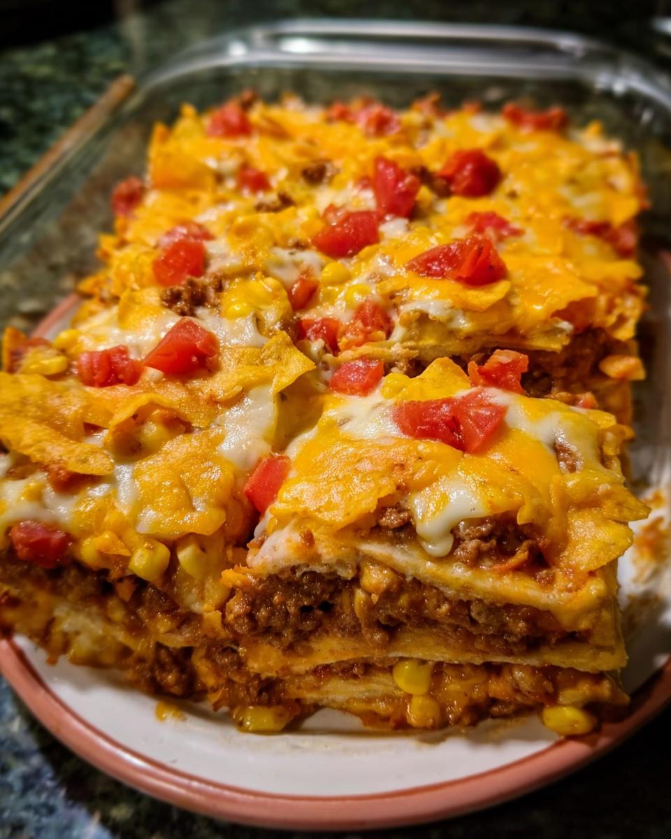 A close-up of a layered Taco Tuesday recipe casserole, featuring ground meat, corn, cheese, and crushed tortilla chips, topped with diced tomatoes.