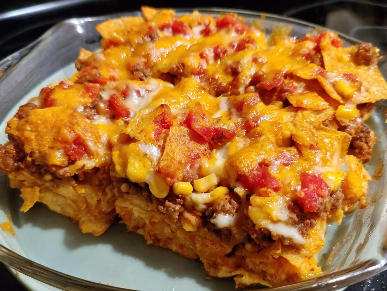 A close-up of a baked Taco Tuesday recipe casserole in a glass dish, topped with melted cheese, ground beef, corn, and tomatoes.