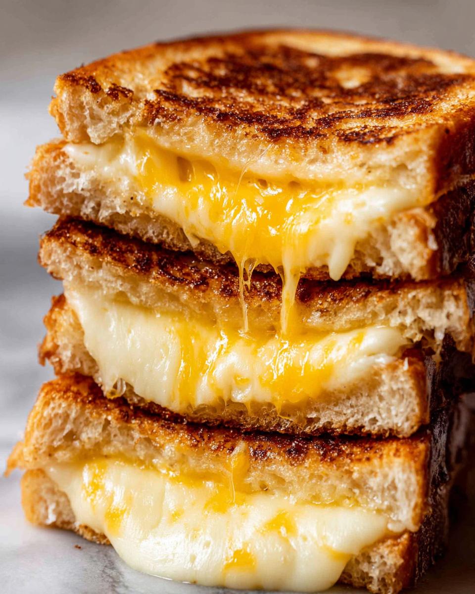 A stack of perfectly grilled cheese sandwiches with gooey, melted cheese oozing out.
