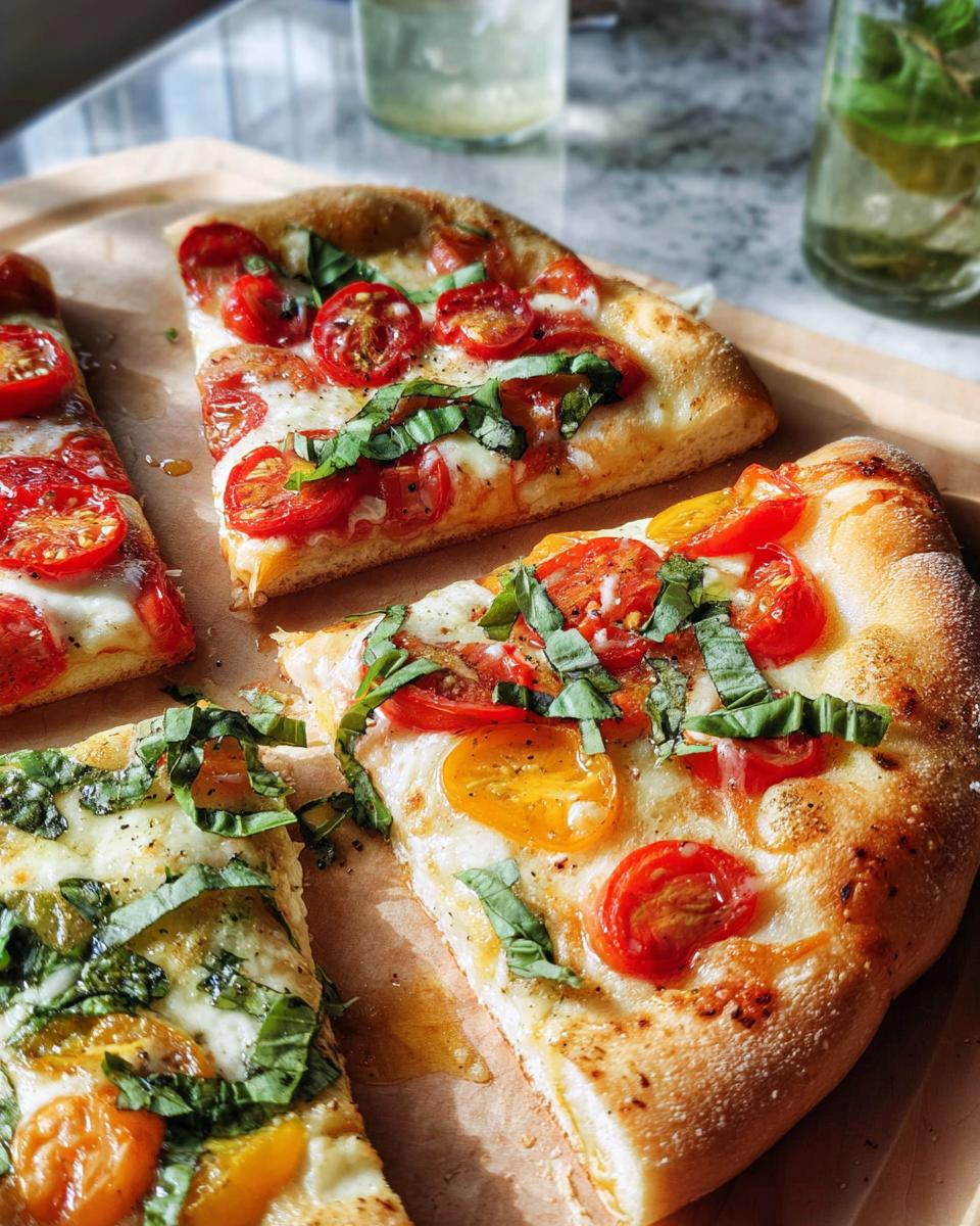 Close-up of delicious pizza slices topped with fresh tomatoes, basil, and melted cheese, perfect for pizza night recipes.