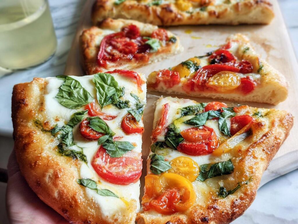 Close-up of fresh tomato and basil pizza slices, perfect for pizza night recipes.