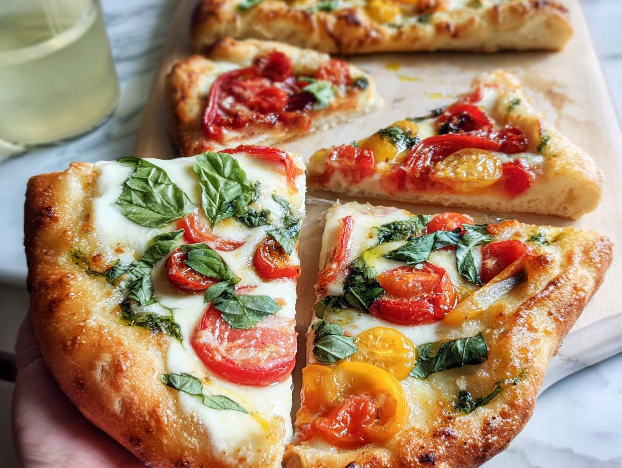 Close-up of fresh tomato and basil pizza slices, perfect for pizza night recipes.