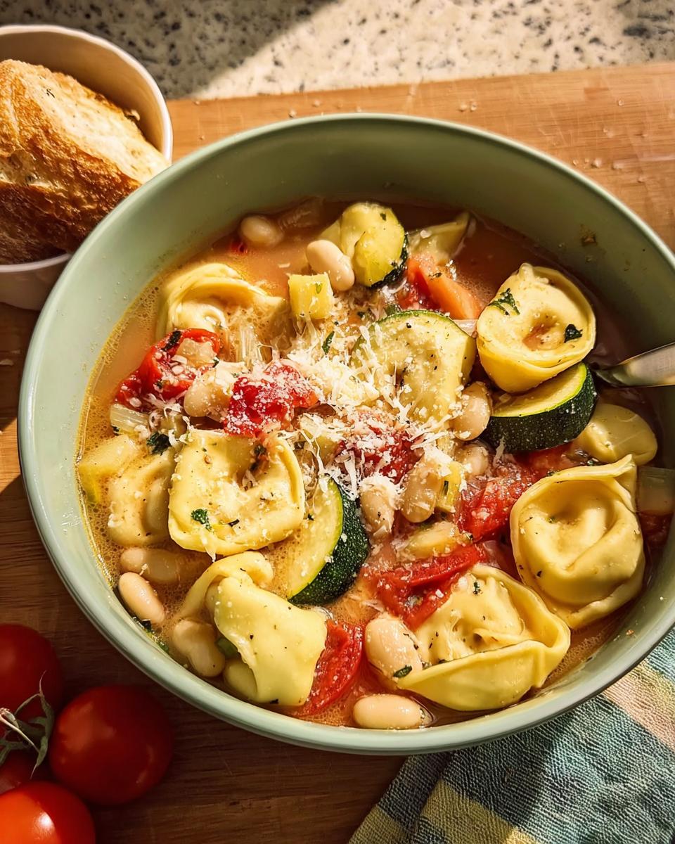 A bowl of tortellini soup with zucchini, tomatoes, white beans, and cheese, perfect for busy weeknights.