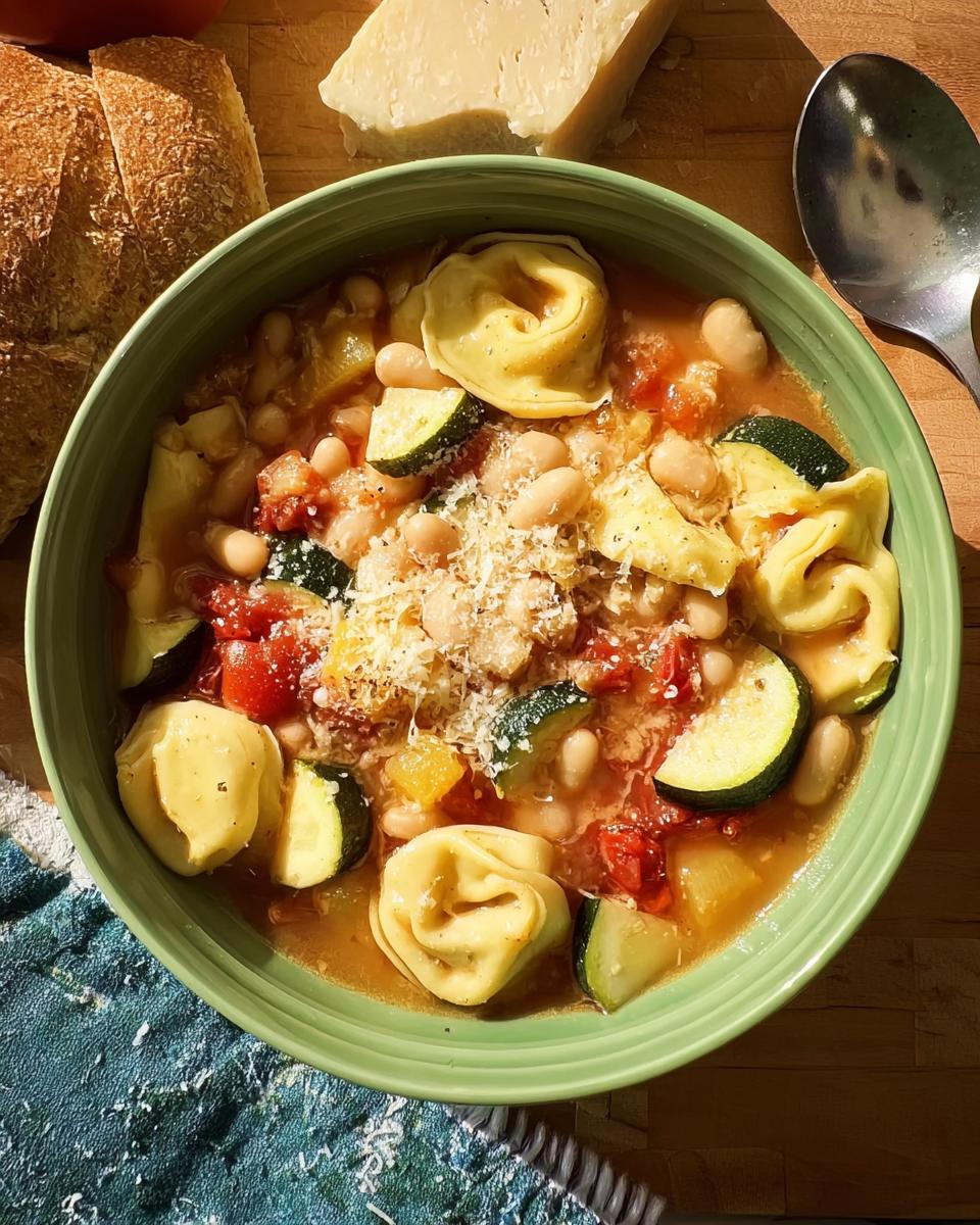 A bowl of tortellini soup with white beans, zucchini, tomatoes, and grated parmesan cheese, perfect for weeknight meals.